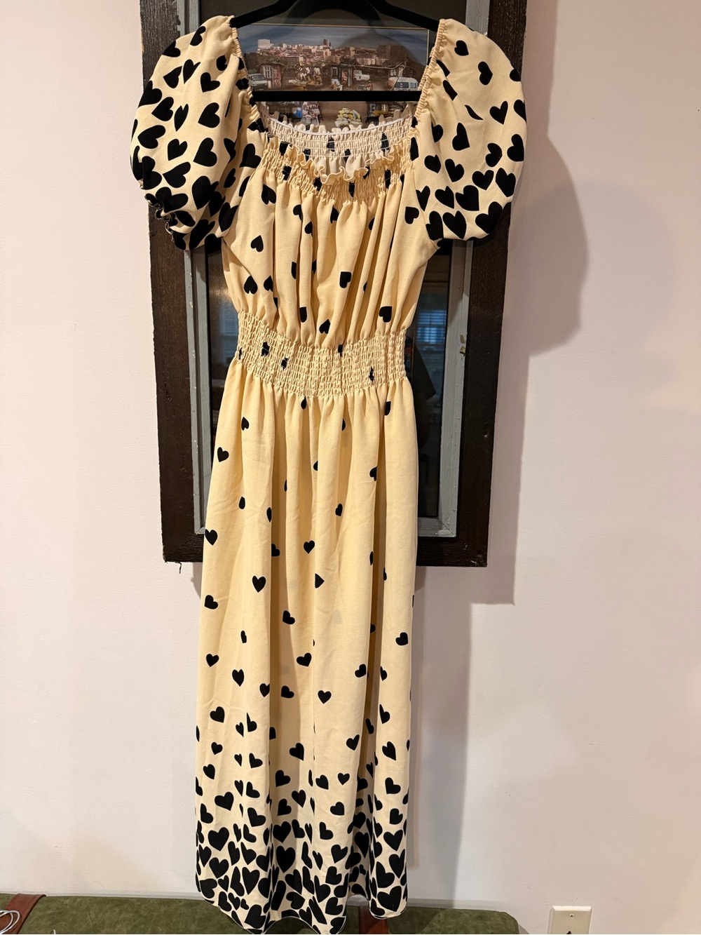 Yellow Heart Print Smocked Midi Dress